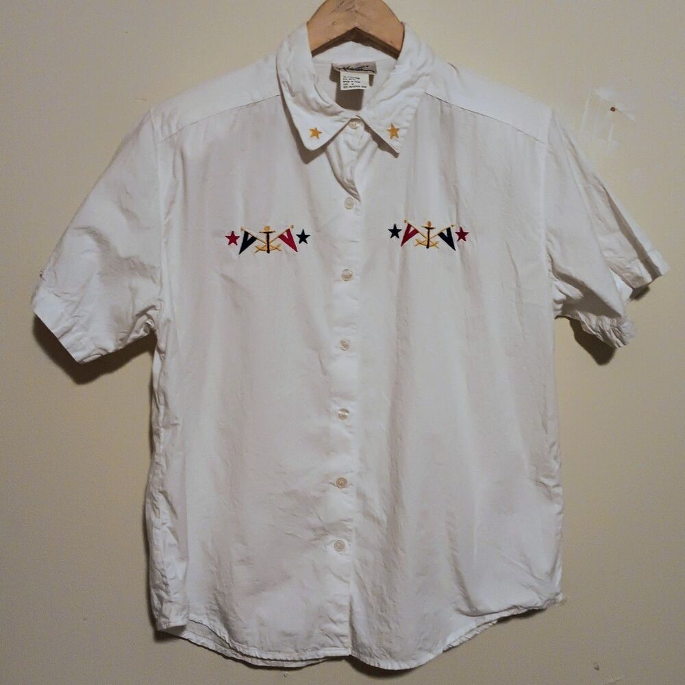 Vtg Kathie Lee Button Front Shirt-Size 16-Nautical-Embroidered-Shoulder Pads